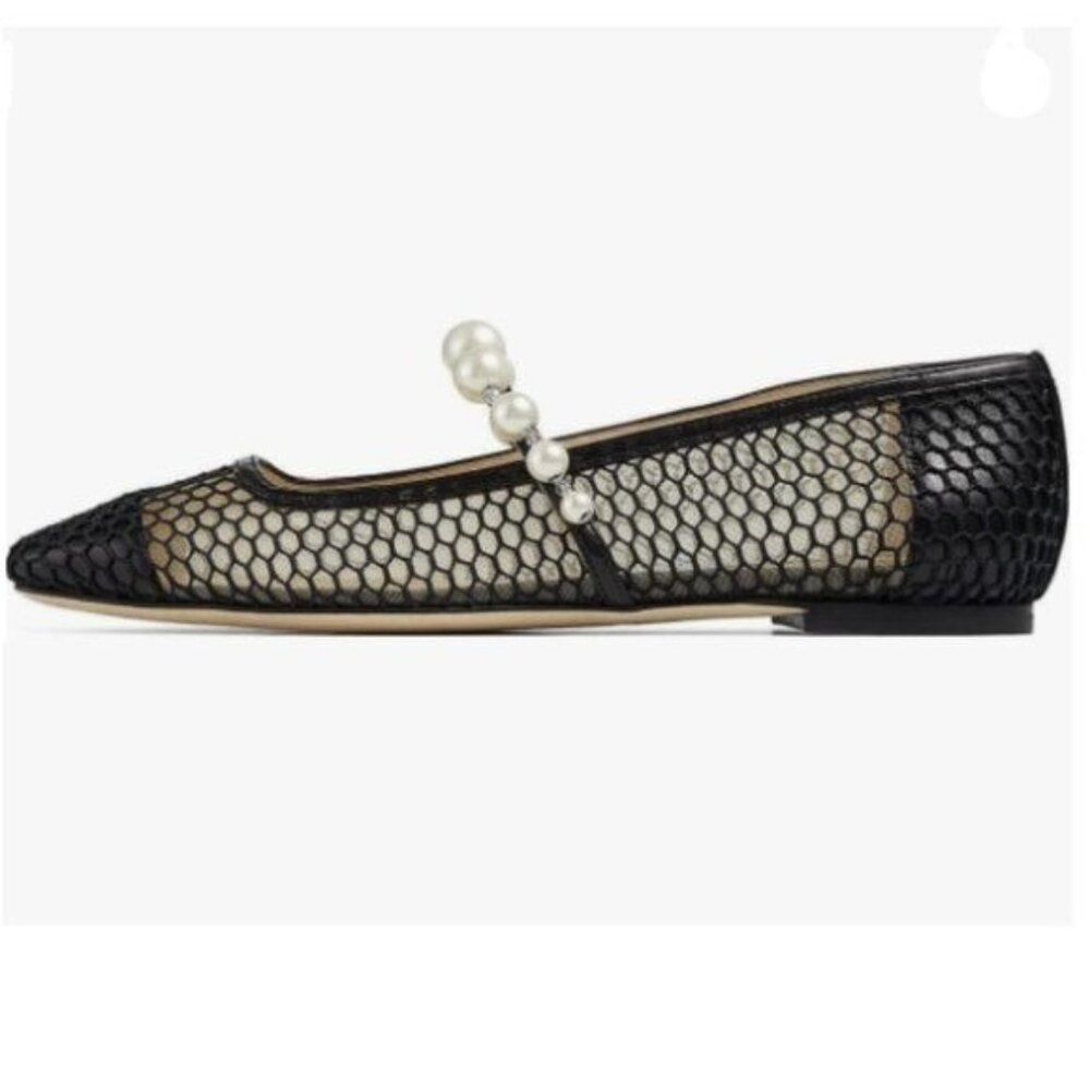FOWT Women Square Toe Slip on Flats Pearl Studded Strap Elegant Pumps Black Mesh
